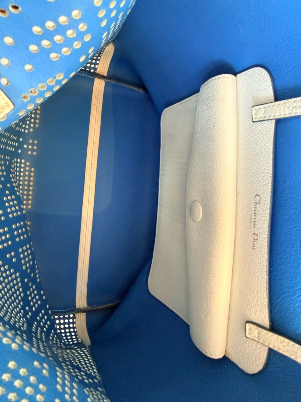 Dior Women’s White Perforated Tote Bag with Blue Interior - Picture 9 of 11